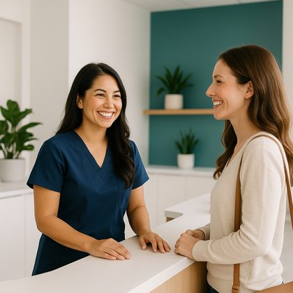 Front-desk coordinator welcoming a patient