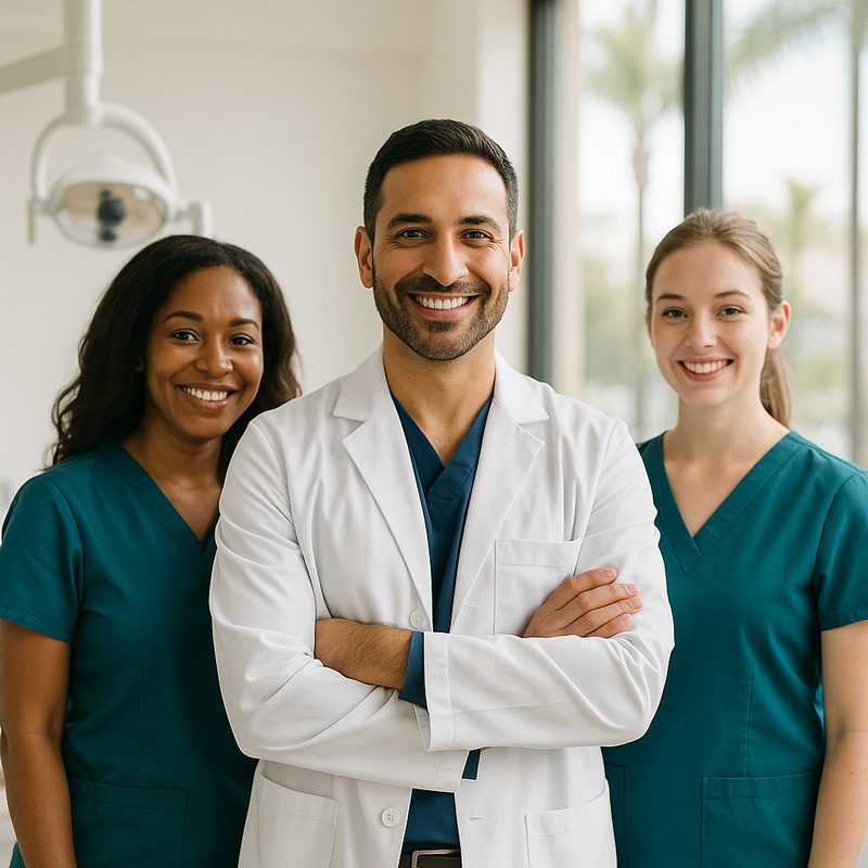 Smiling dentist and dental assistants in a bright Southern California dental office